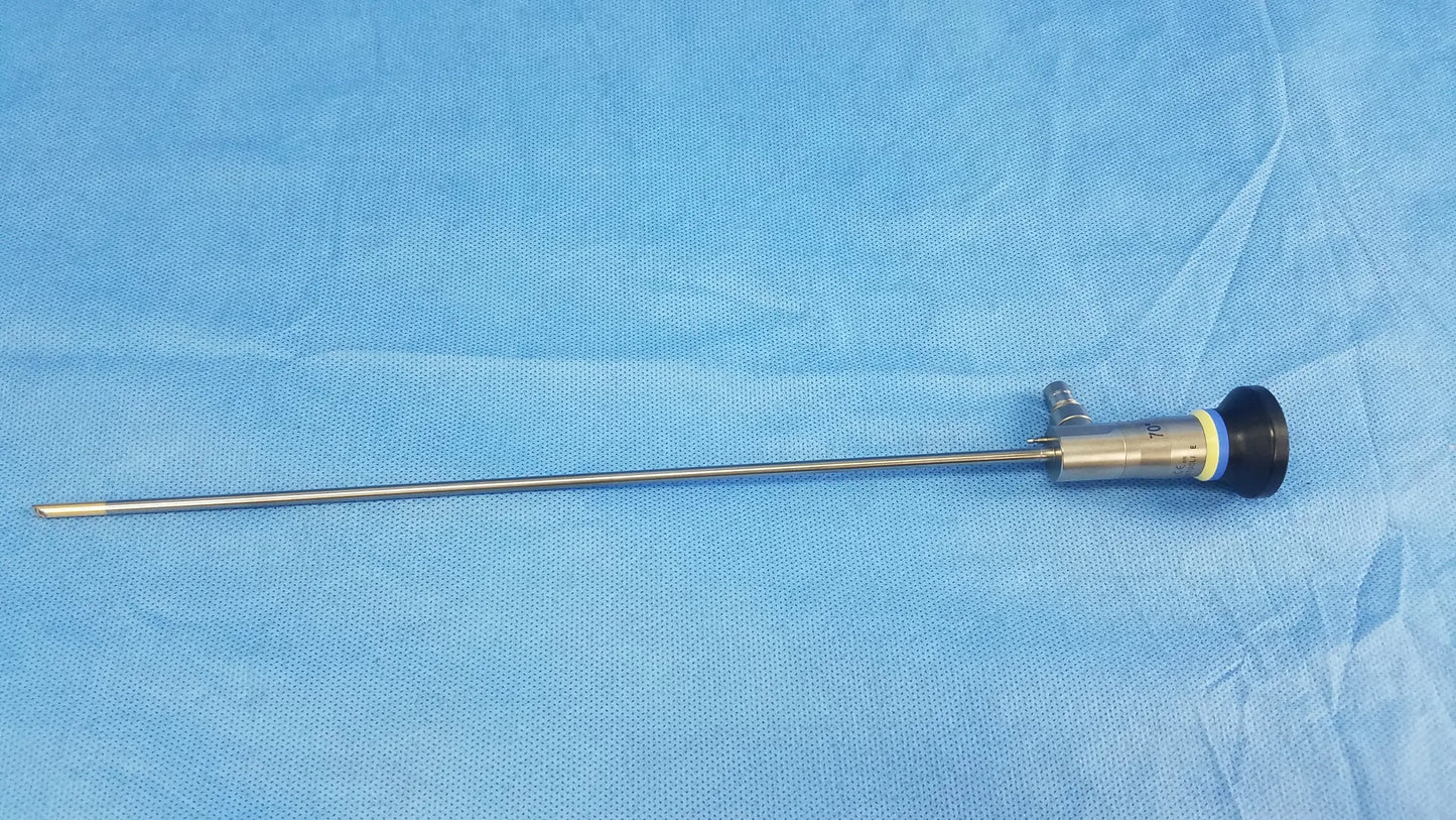 Silver rigid scope with black and blue handle and slender metallic shaft compatible with olympus endoscopic systems