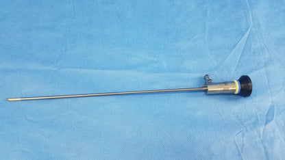 Silver rigid scope with black and blue handle and slender metallic shaft compatible with olympus endoscopic systems