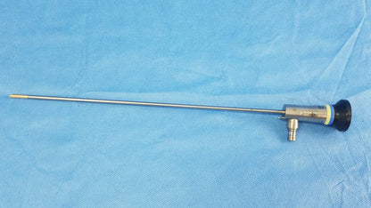 Silver rigid scope with black tip and yellow ring featuring metallic tubing and cylindrical handle for compatible Olympus endoscopic systems