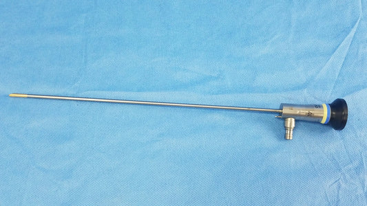 Silver rigid scope with black tip and yellow ring featuring metallic tubing and cylindrical handle for compatible Olympus endoscopic systems