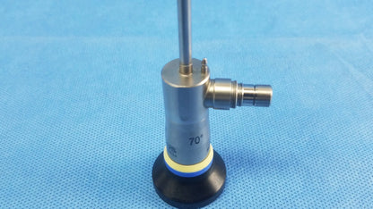 Silver rigid scope with 70 degree angled lens and black rubber base compatible with olympus endoscopic systems