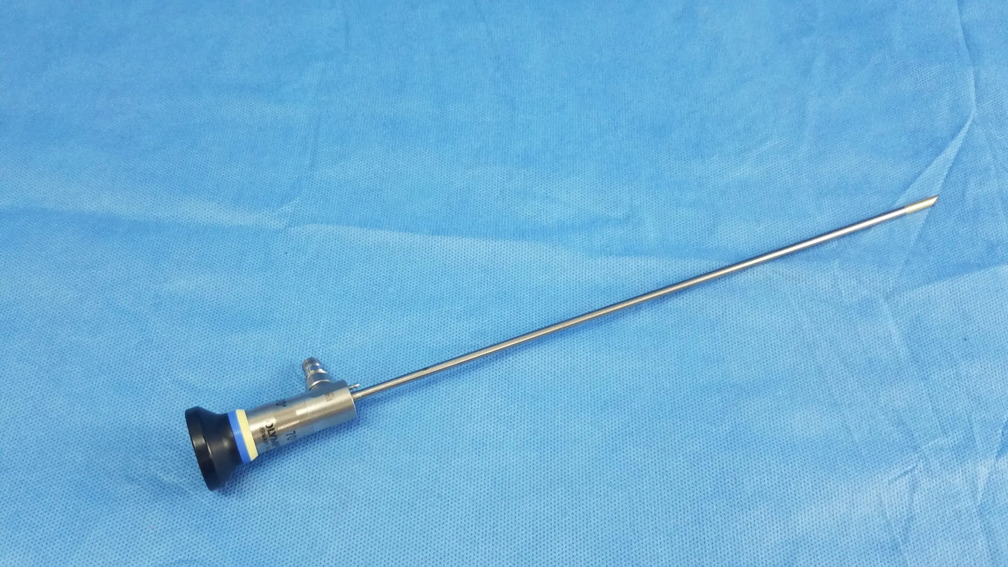 Silver rigid scope with black and blue handle compatible with olympus endoscopic systems model a22003a 70 degree
