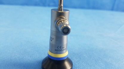 Silver rigid scope with black base and yellow-blue ring marked 70 degrees autoclave compatible olympus endoscopic systems