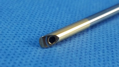 A sleek metallic surgical drill bit with polished chrome finish and hexagonal drive for olympus rigid scope use