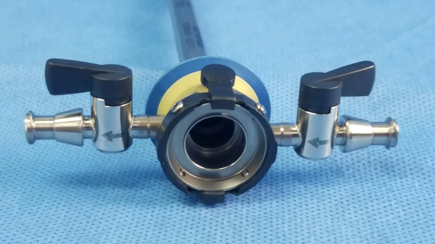 Blue and yellow rotatable outer sheath with black handles and metallic fittings for Olympus a22021a 27 fr surgical use
