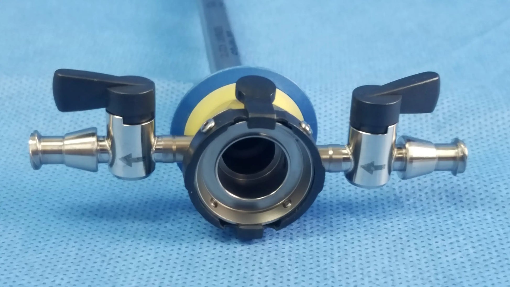 Blue and yellow rotatable outer sheath with black handles and metallic fittings for Olympus a22021a 27 fr surgical use
