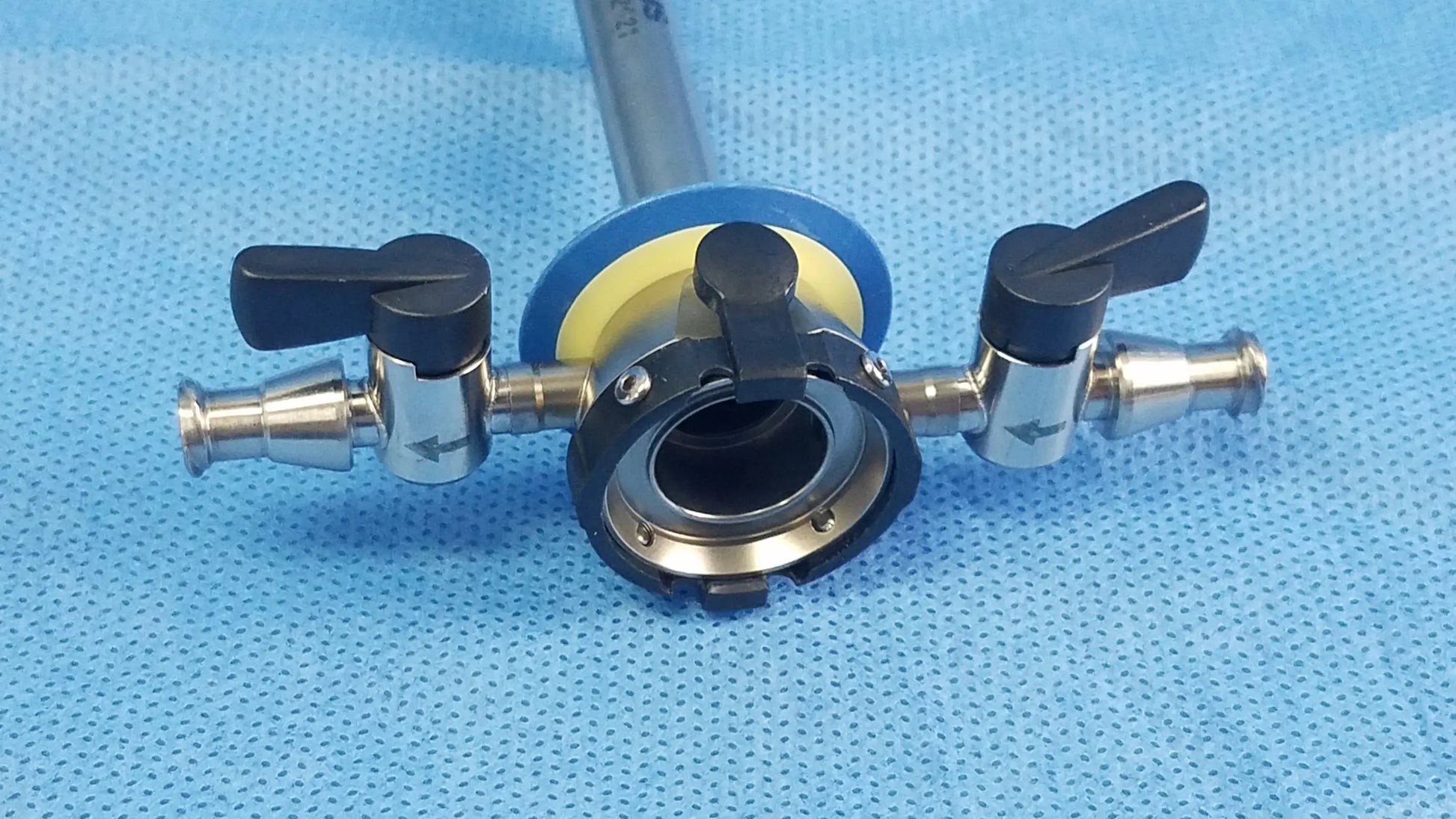 Olympus A22021A rotatable outer sheath 27 Fr with central circular port and black-handled valves on metallic arms