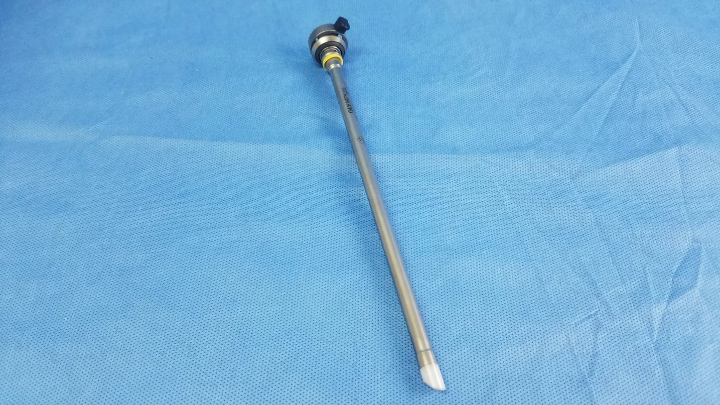 Silver metallic hysteroscopic resectoscope instrument component with black-tipped handle and engraved markings for resectoscope systems