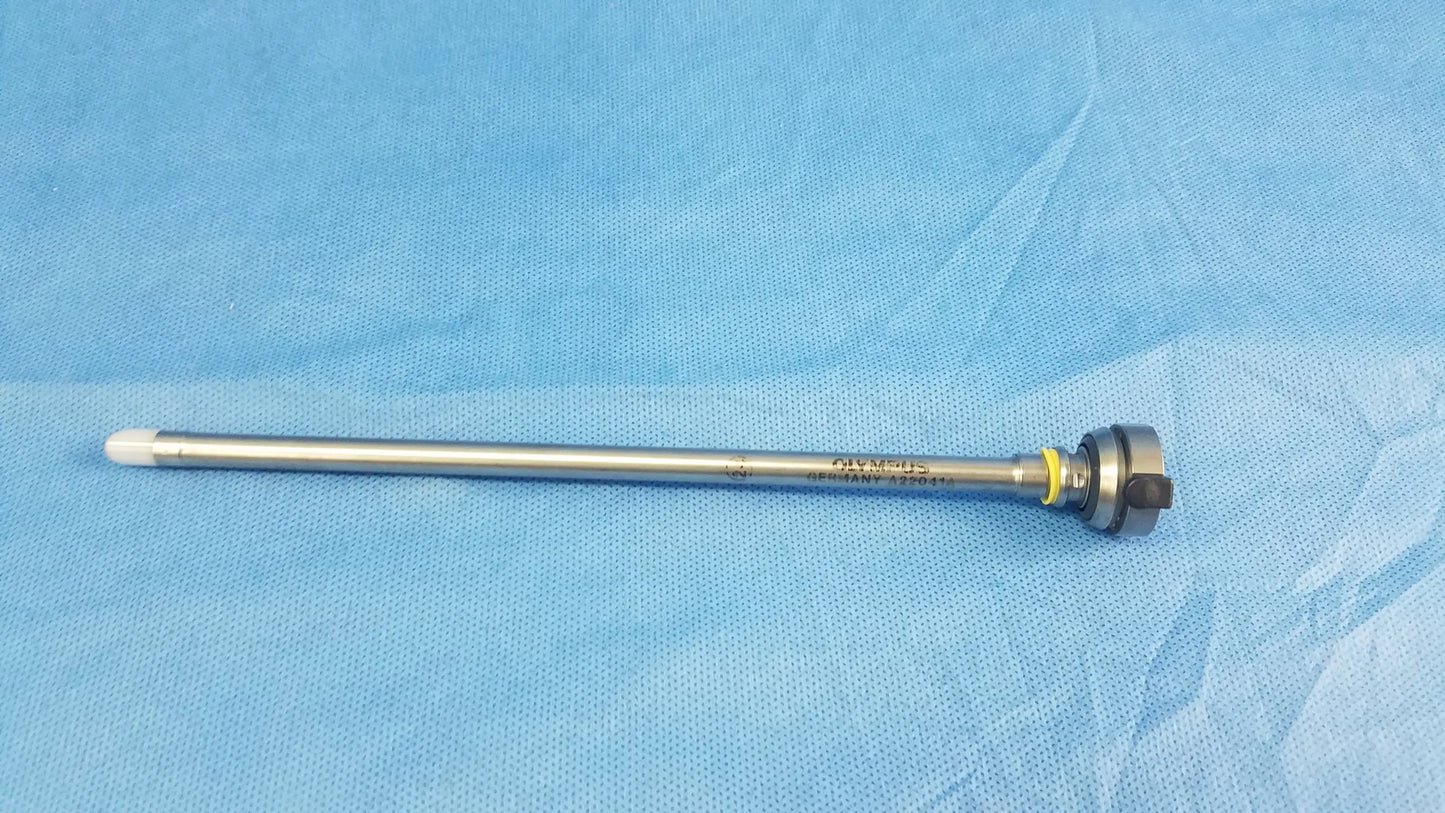 Silver olympus a22041a hysteroscopic resectoscope inner sheath with white tip black threaded handle and engraved branding