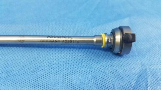 Silver metal hysteroscopic resectoscope instrument component with textured handle and engraved markings for resectoscope systems