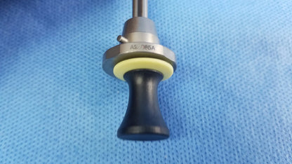 Black ergonomic handle with metallic silver collar and yellow rubber ring engraved a2 085a for compatible Olympus deflecting obturator instrument component