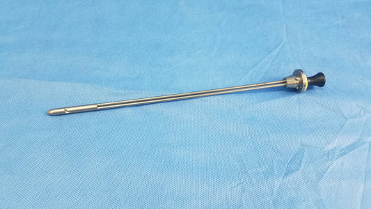 Silver surgical endoscope deflecting obturator with black-tipped handle and metallic joints compatible Olympus instrument component