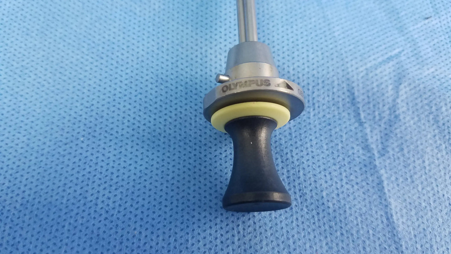 Silver Olympus deflecting obturator with black rubberized handle and yellow sealing ring compatible instrument component