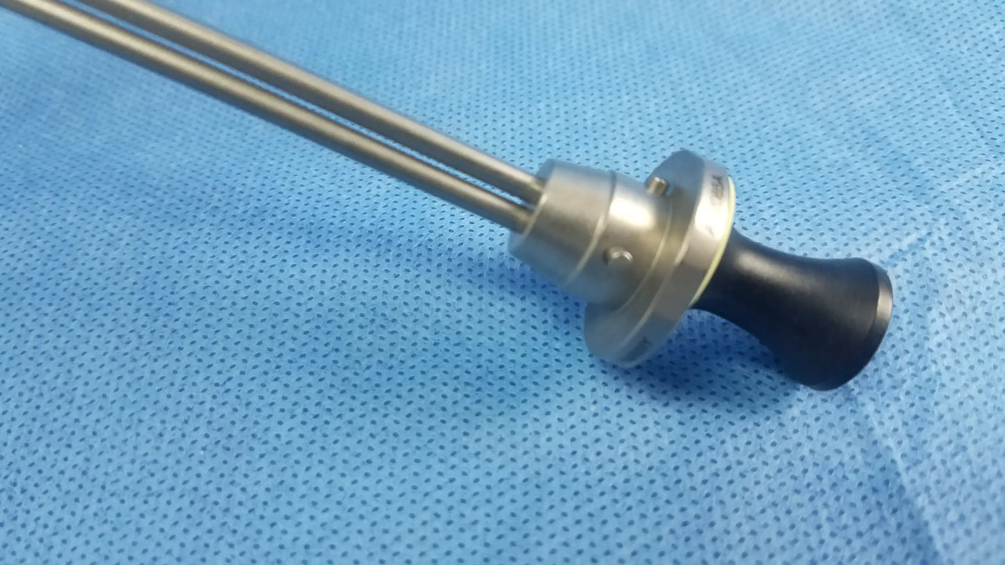 Silver deflecting obturator with black rubberized handle and dual metallic shafts compatible olympus instrument component