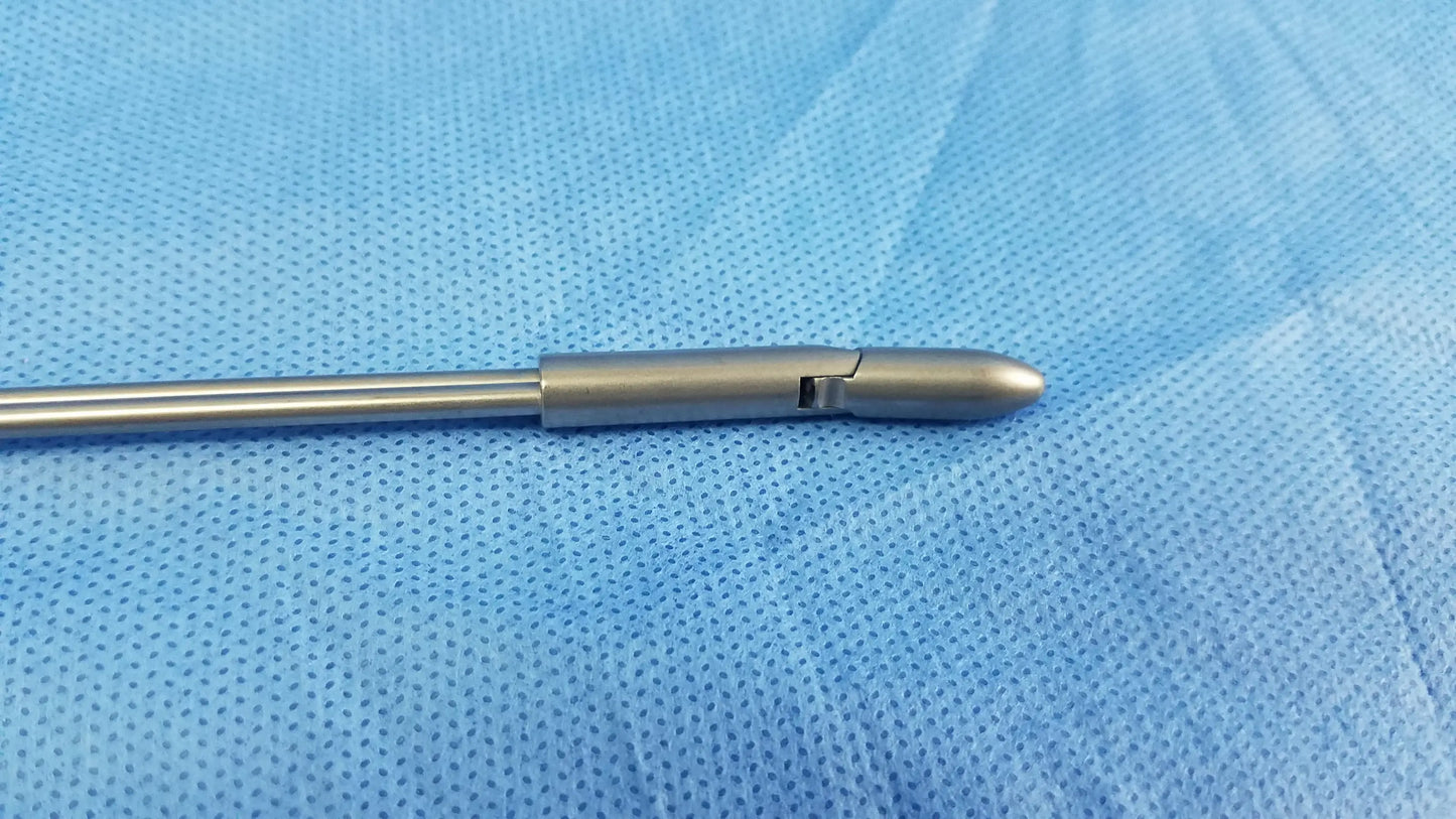 Silver deflecting obturator instrument component with a sleek metallic finish and tapered tip compatible with Olympus A22085A