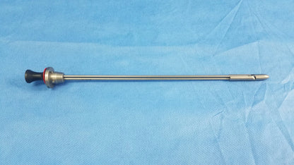 Olympus a22086a deflecting obturator surgical instrument with silver metallic shaft and black handle with red accent ring