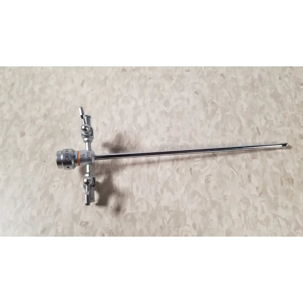 Silver surgical instrument with long slender shaft and complex knobbed handle for olympus a3723 pediatric sheath use