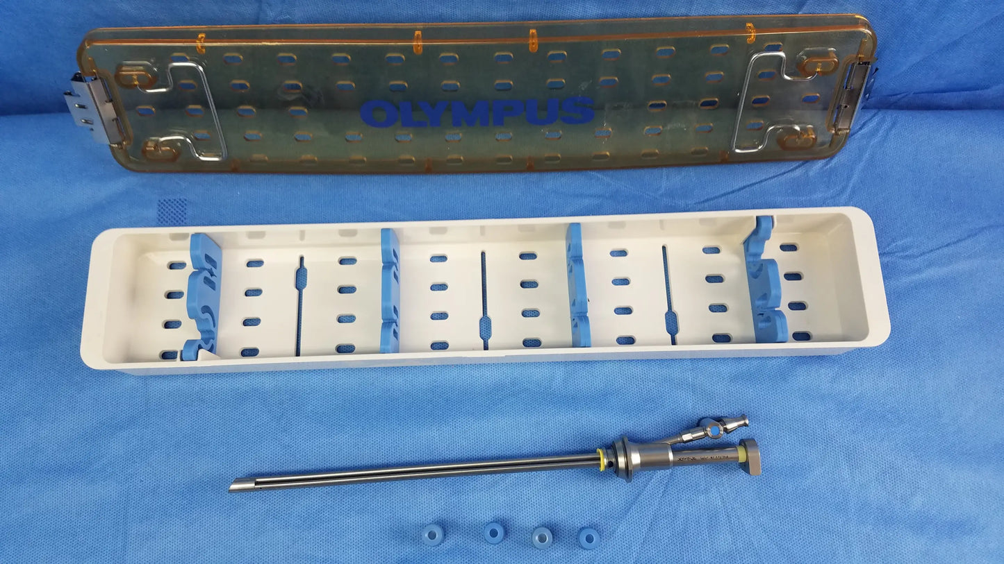 Olympus working insert hystero-resectoscope with sterilization tray featuring gyrus acmi silicone seals and blue-tipped accessories