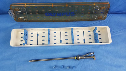Olympus working insert hystero-resectoscope with sterilization tray featuring gyrus acmi silicone seals and blue-tipped accessories