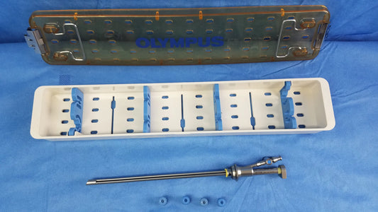 Olympus working insert hystero-resectoscope with sterilization tray featuring gyrus acmi silicone seals and blue-tipped accessories