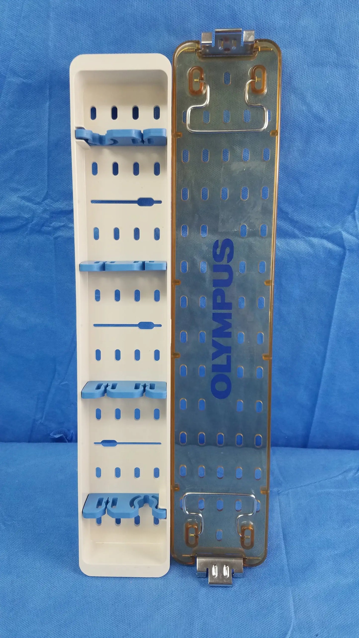 Olympus a42091a working insert hystero-resectoscope tray with white plastic and blue metal sides featuring acmi silicone seals