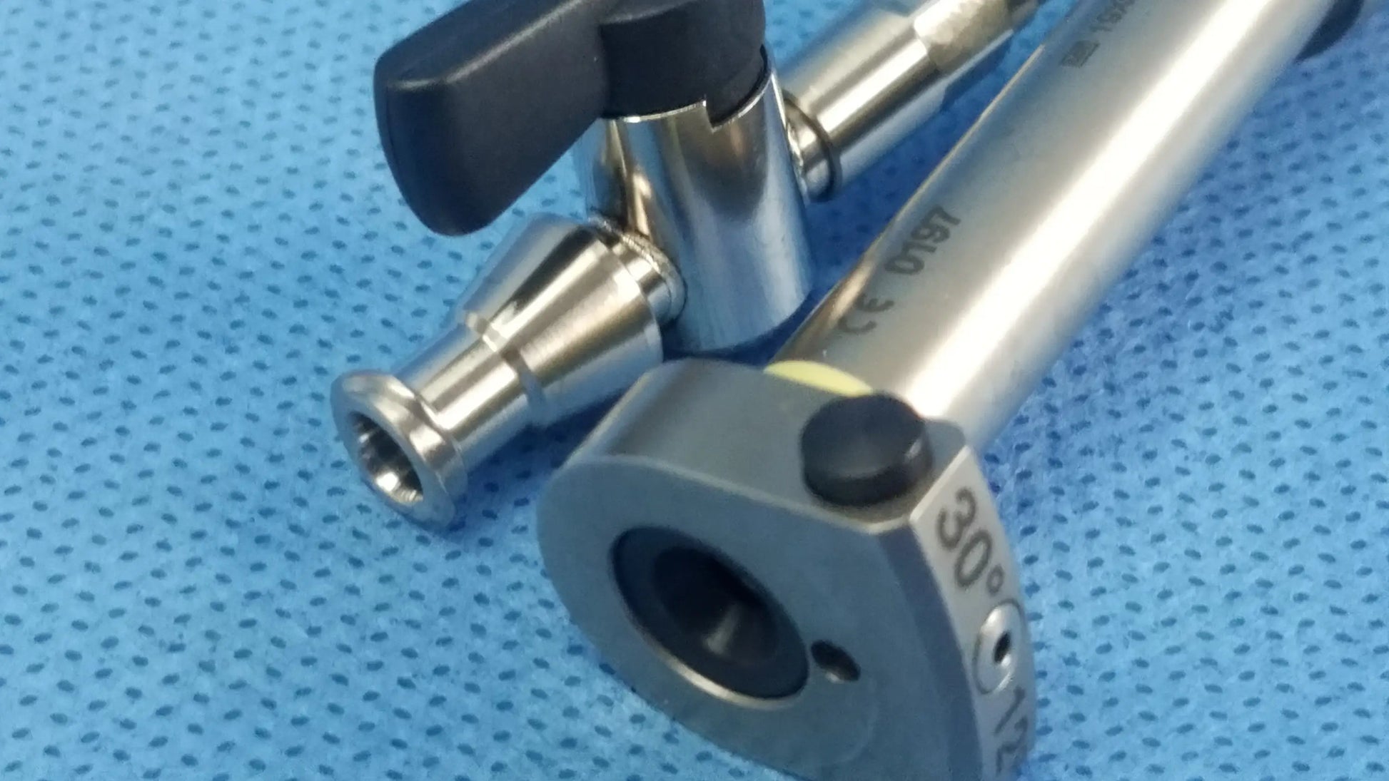 Silver working insert with black plastic handle and engraved markings for a42091a hystero-resectoscope sterilization tray