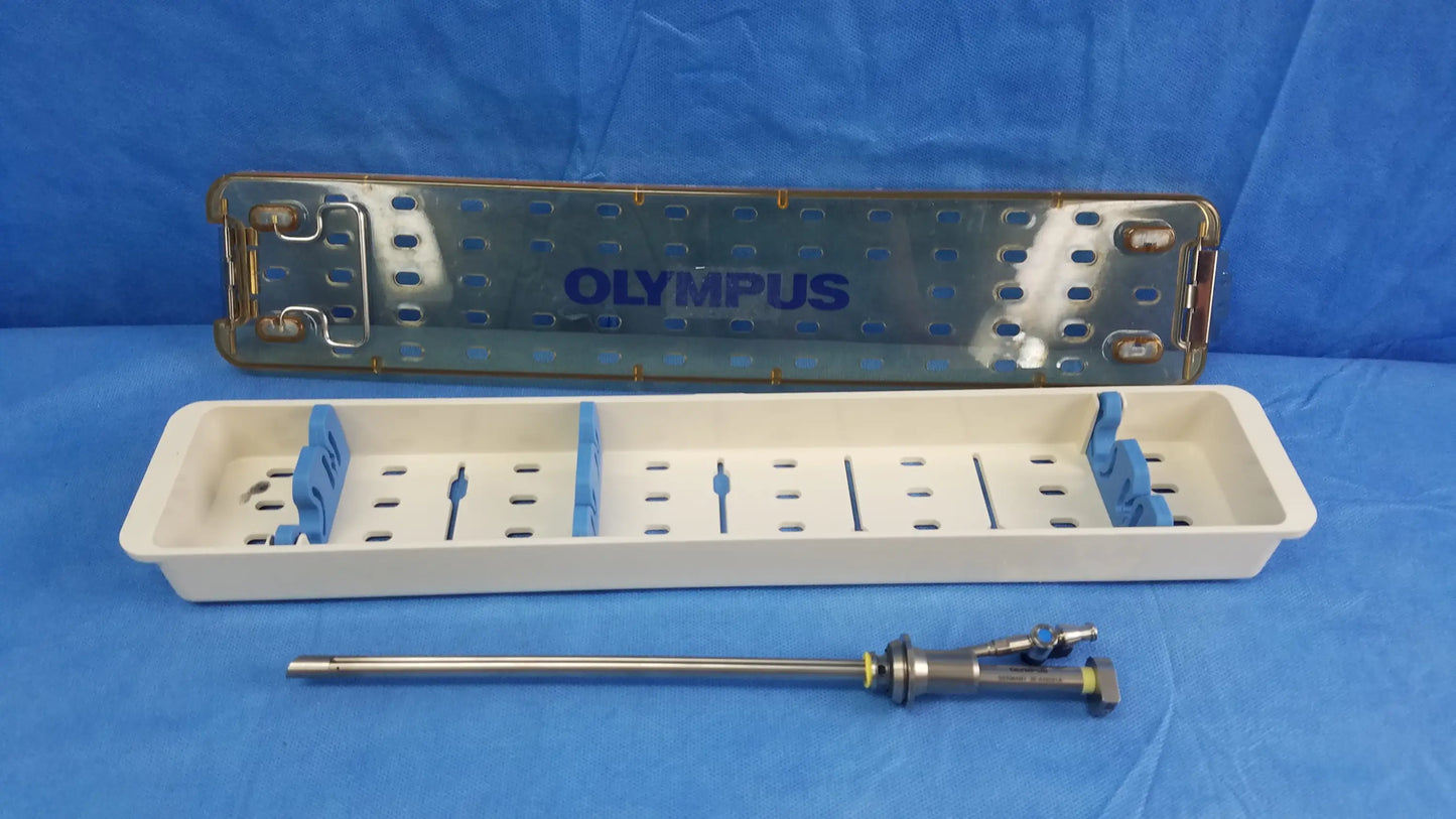 Olympus a42091a working insert hystero-resectoscope with metallic and blue plastic sterilization tray components