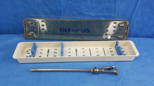 Olympus a42091a working insert hystero-resectoscope with metallic and blue plastic sterilization tray components