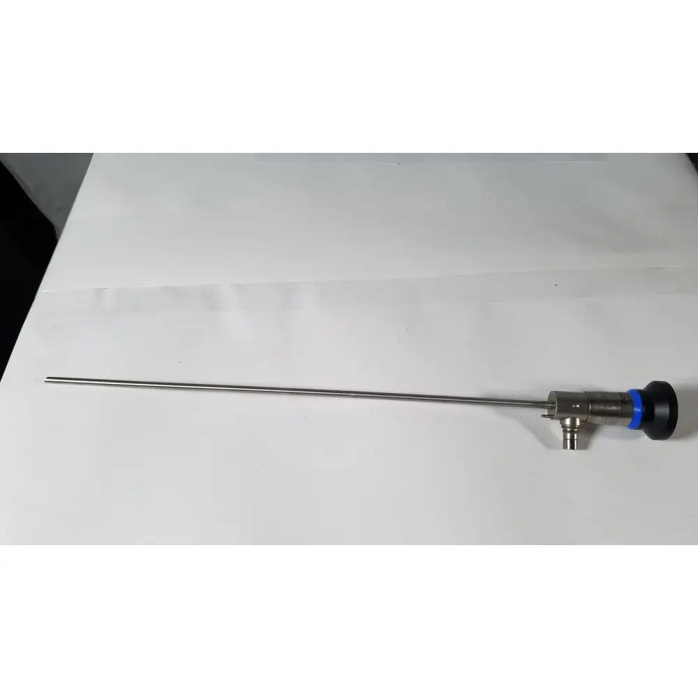 Olympus a4629a hd laparoscope with a sleek metallic shaft and black handle with blue accents for surgical use