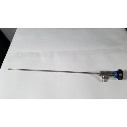 Olympus a4629a hd laparoscope with a sleek metallic shaft and black handle with blue accents for surgical use