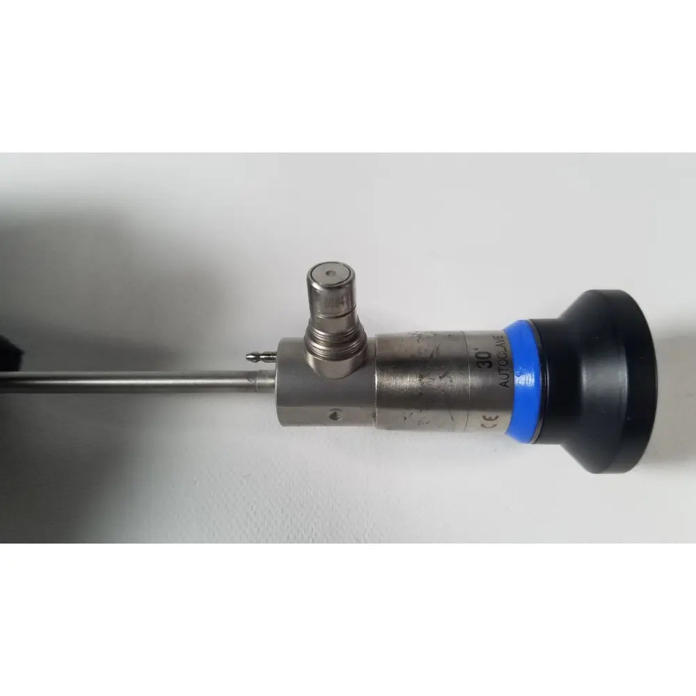 Silver olympus a4629a hd laparoscope 4mm 30 degree with black blue grip and engraved markings on metallic body