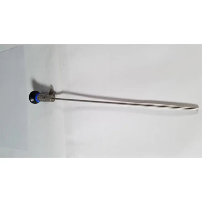 Silver surgical endoscope with black and blue handle showing olympus a4629a hd laparoscope 4mm 30 degree design