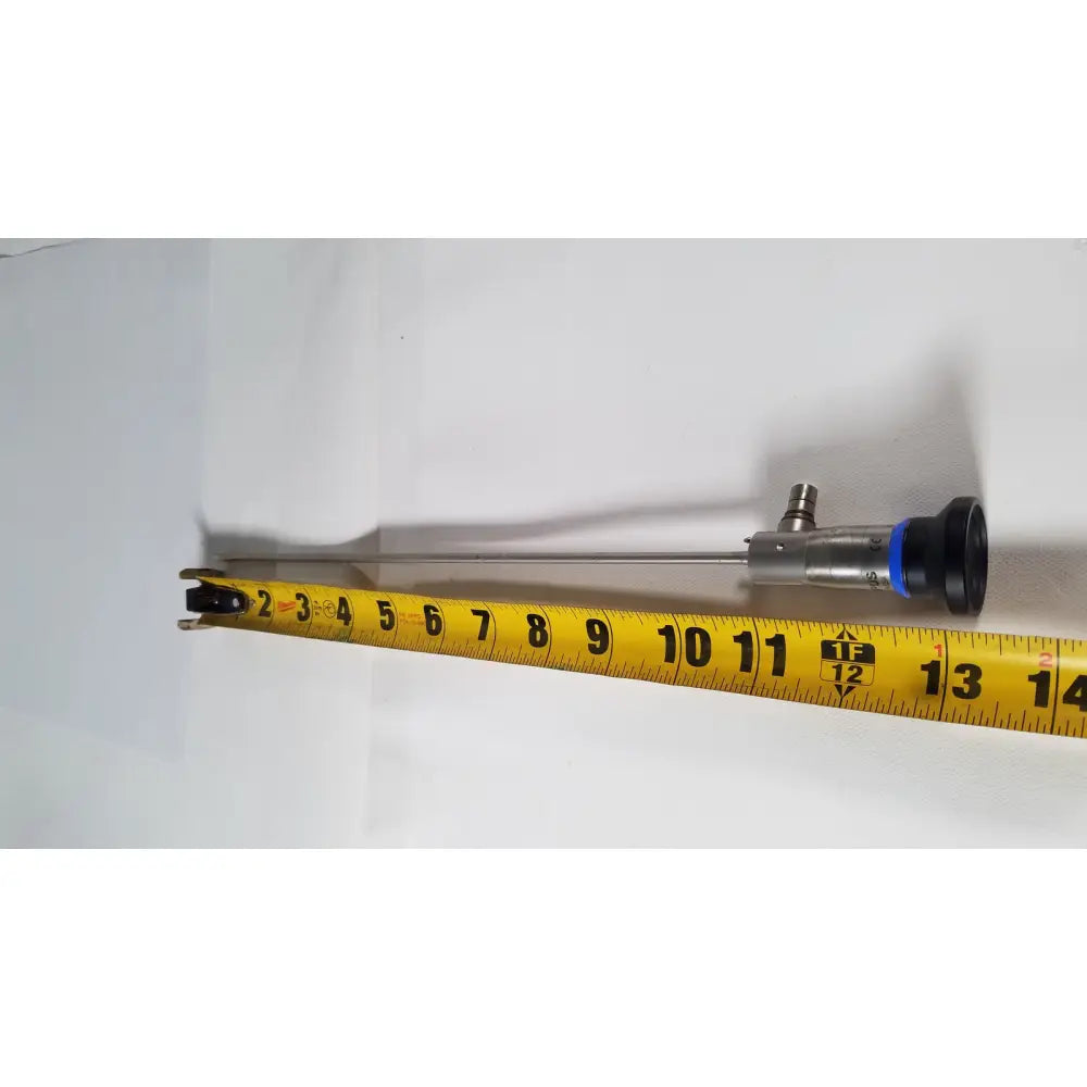 Silver olympus a4629a hd laparoscope 4mm 30 degree with black blue capped tip and measurement markings on metallic shaft