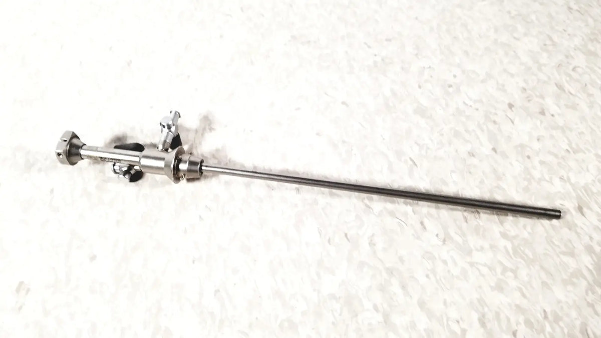 Silver metallic olympus a4764 hysteroscopy sheath 7fr with long slender shaft and articulated handle joints