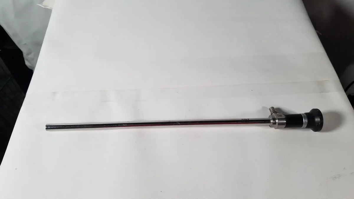 A sleek metallic olympus a5254 10mm laparoscope with a black-tipped camera head and silver-colored joints