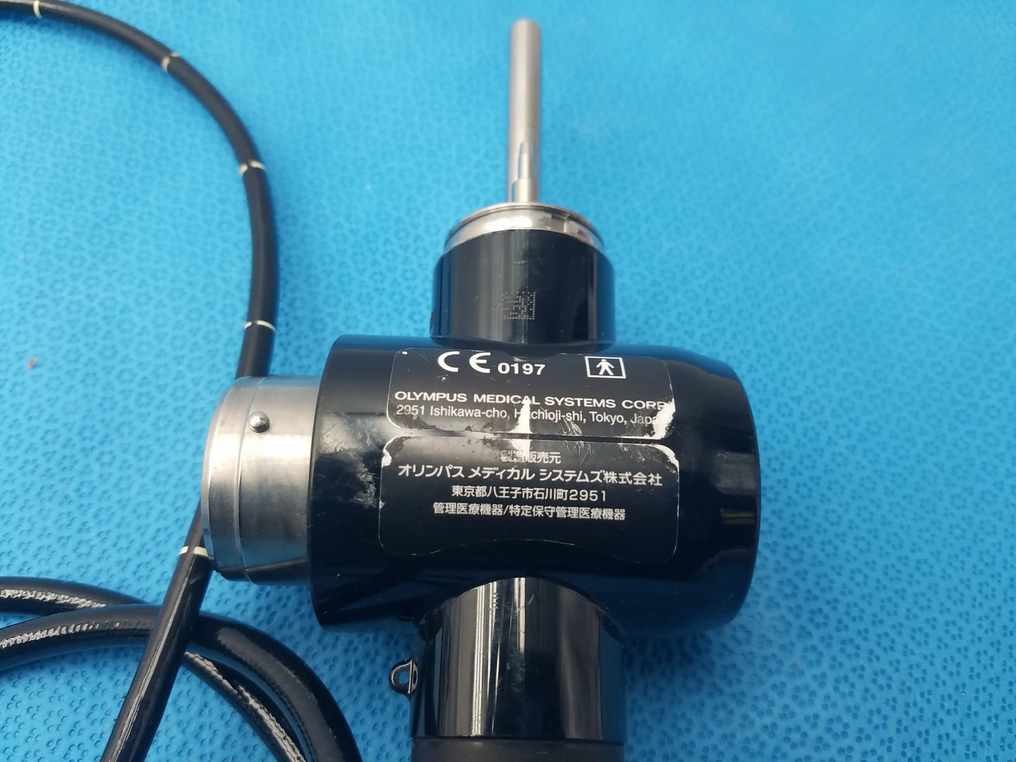 Black Olympus evis exera II video gastroscope type 1t180 with silver metallic joints and slender metal tip for medical use
