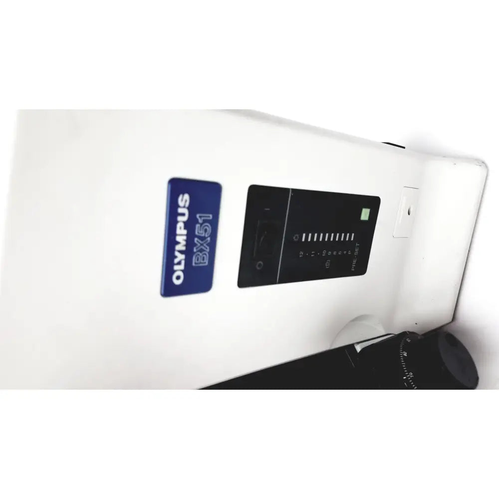 White Olympus bx51tf microscope with blue brand label and black control panel showing damage on body, fully working