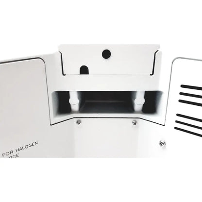 White plastic housing with black ventilation slats and mounting holes on the back of an olympus bx51tf microscope with body damage