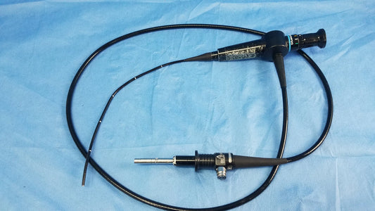 Black flexible fiber optic endoscope rhino-laryngoscope fiberscope with metallic tip and control knobs by Olympus