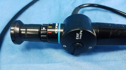 Black Olympus endoscope rhino-laryngoscope fiberscope with textured grip and labeled control dials fiber optic endoscope