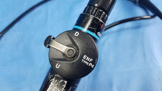 Black olympus enf-p4 rhino-laryngoscope flexible fiber optic endoscope with circular control dial and textured grip