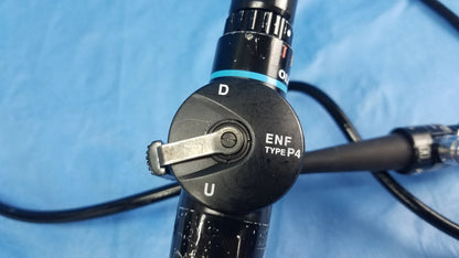 Black olympus rhino-laryngoscope type enf-p4 flexible fiber optic endoscope with metallic knob and blue accent ring
