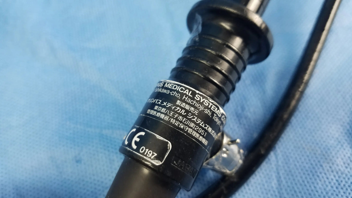 Black flexible fiber optic endoscope rhino-laryngoscope type ENF-P4 with textured grip and certification markings by Olympus