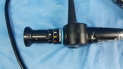 Black Olympus fiberscope endoscope rhino-laryngoscope ENF type P4 with textured grip and flexible fiber optic control dials