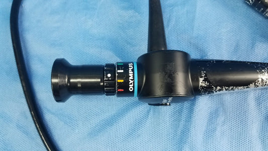 Black Olympus fiberscope endoscope rhino-laryngoscope ENF type P4 with textured grip and flexible fiber optic control dials