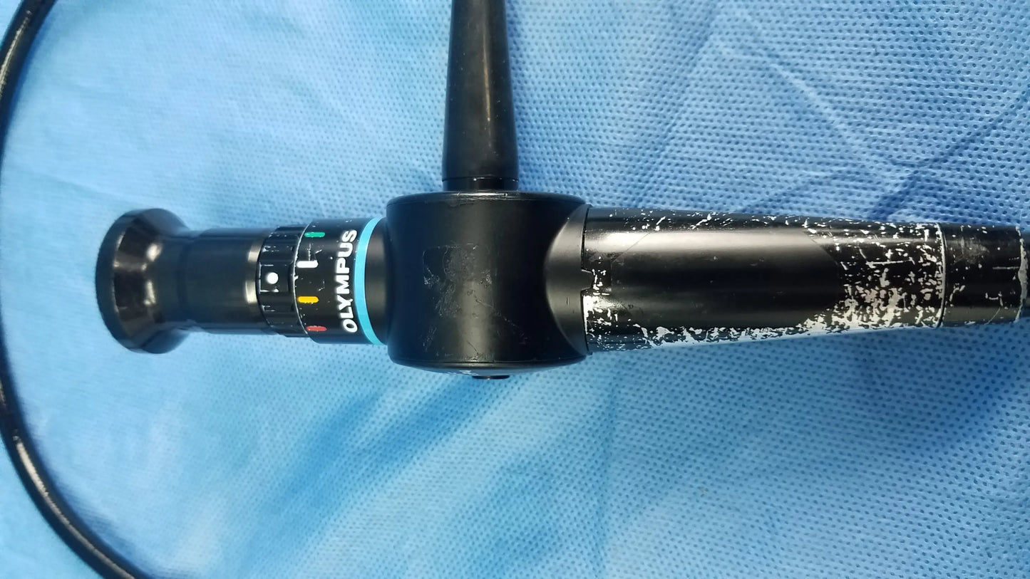 Black Olympus fiberscope endoscope rhino-laryngoscope ENF type P4 with textured grip and color-coded control dial fiber optic device