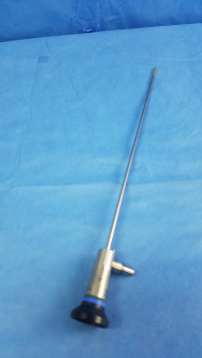 Silver surgical endoscope with black rubberized grip and blue accent ring compatible olympus cystoscopic a22000a system
