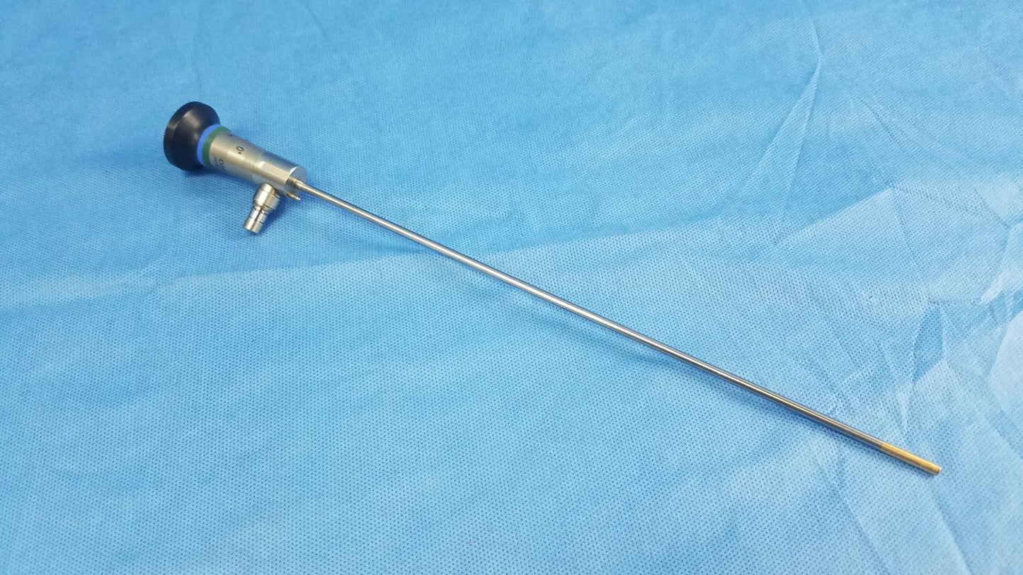 Silver surgical endoscope with black-tipped handle and metallic shaft compatible with olympus cystoscopic systems a22000a