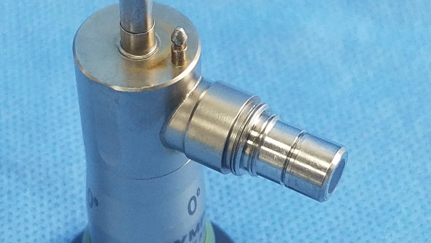 Silver metallic surgical instrument with cylindrical body and threaded ports compatible olympus cystoscopic a22000a cystoscope