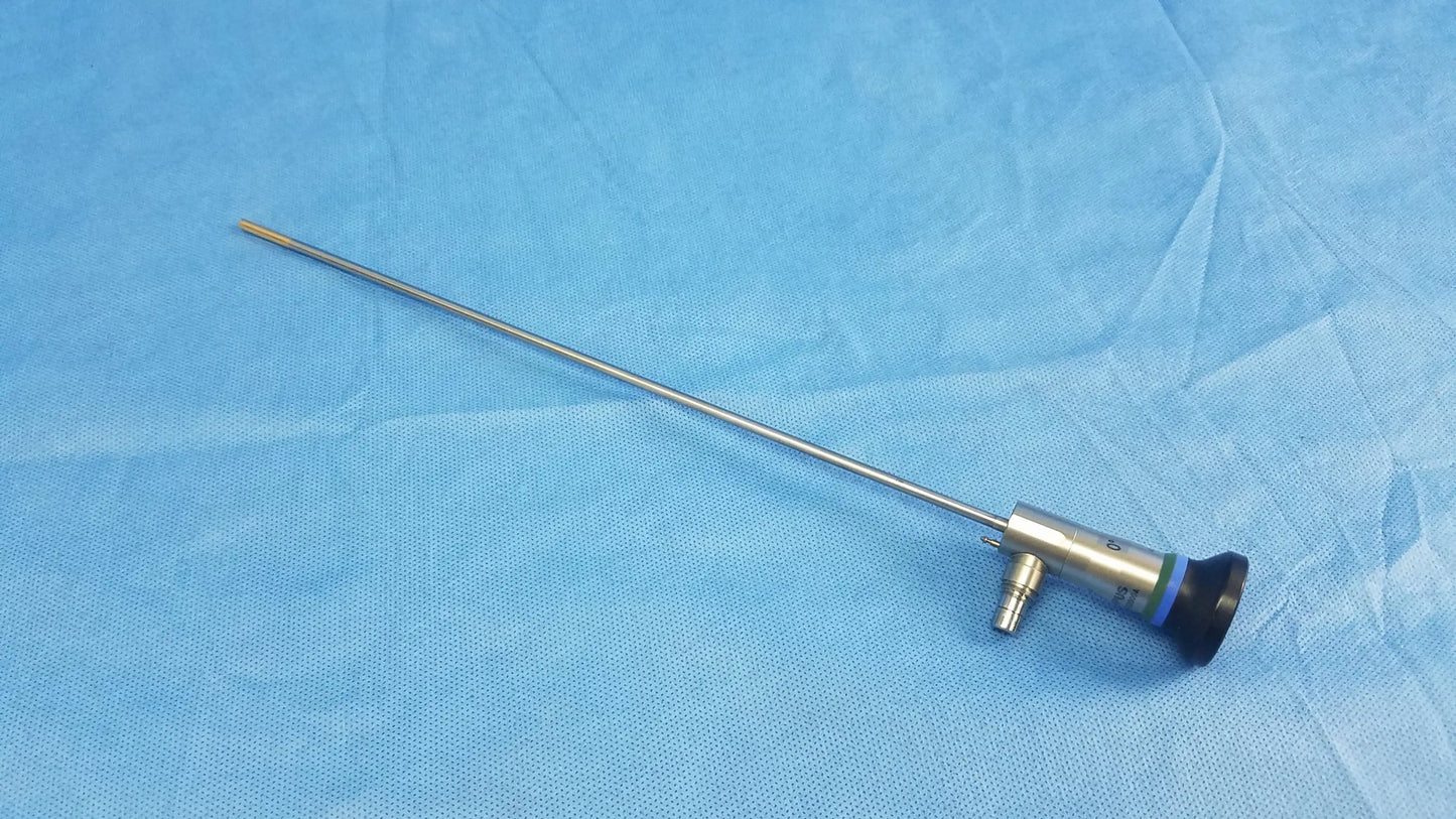 Silver surgical endoscope with slender metallic shaft and black tip for compatible olympus cystoscopic a22000a systems